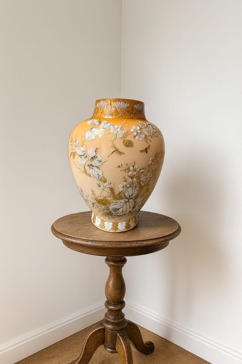 Große Keramikvase mit floralen Reliefs & Goldapplikationen, um 1900/1920