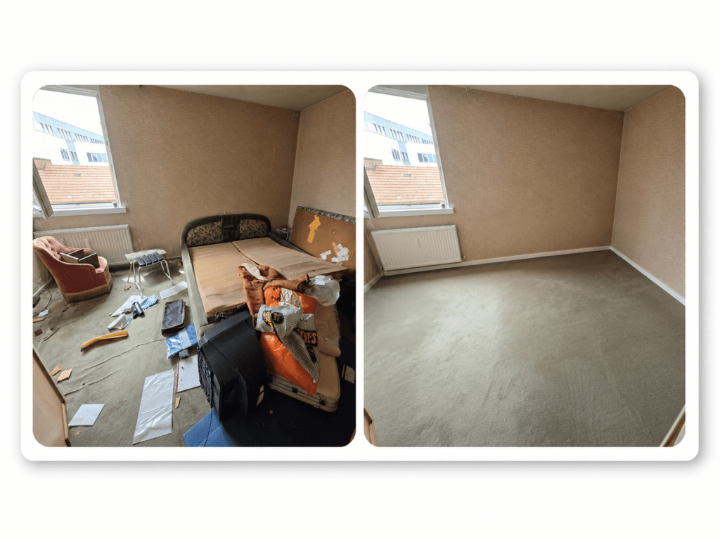Räumung mit Wertanrechnung Linz und Umgebung zum Fixpreis – vorher volle Wohnung, nachher leerer und besenreiner Raum