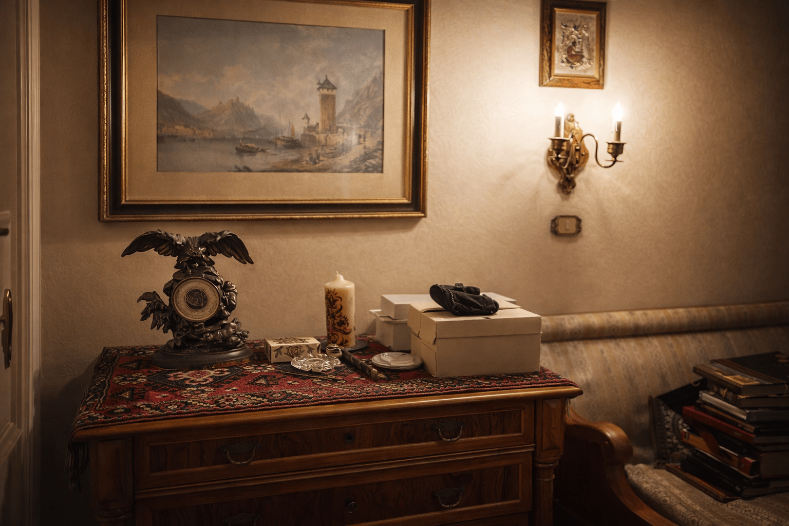 Verlassenschaft-wien-typische Altbauwohnung, Biedermeierkommode, ein Gemälde und eine Uhr