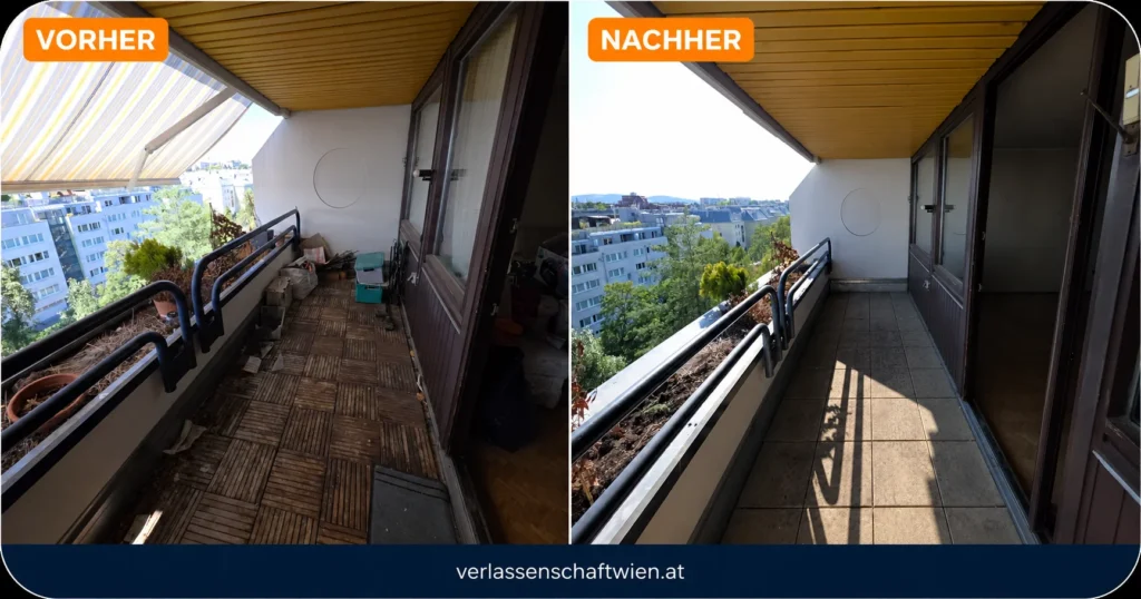 Wohnungsräumung St. Pölten Erfahrungsbericht: Balkon vorher mit Gegenständen, nachher frei geräumt