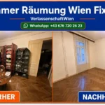 Zimmer Räumung Wien Fixpreis – Alternativtext: vollgestelltes Zimmer vor der Räumung und dasselbe Zimmer leer und sauber nach der Räumung, Vorher-Nachher-Vergleich von VerlassenschaftWien.at