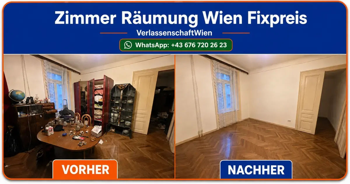 Zimmer Räumung Wien Fixpreis – Alternativtext: vollgestelltes Zimmer vor der Räumung und dasselbe Zimmer leer und sauber nach der Räumung, Vorher-Nachher-Vergleich von VerlassenschaftWien.at