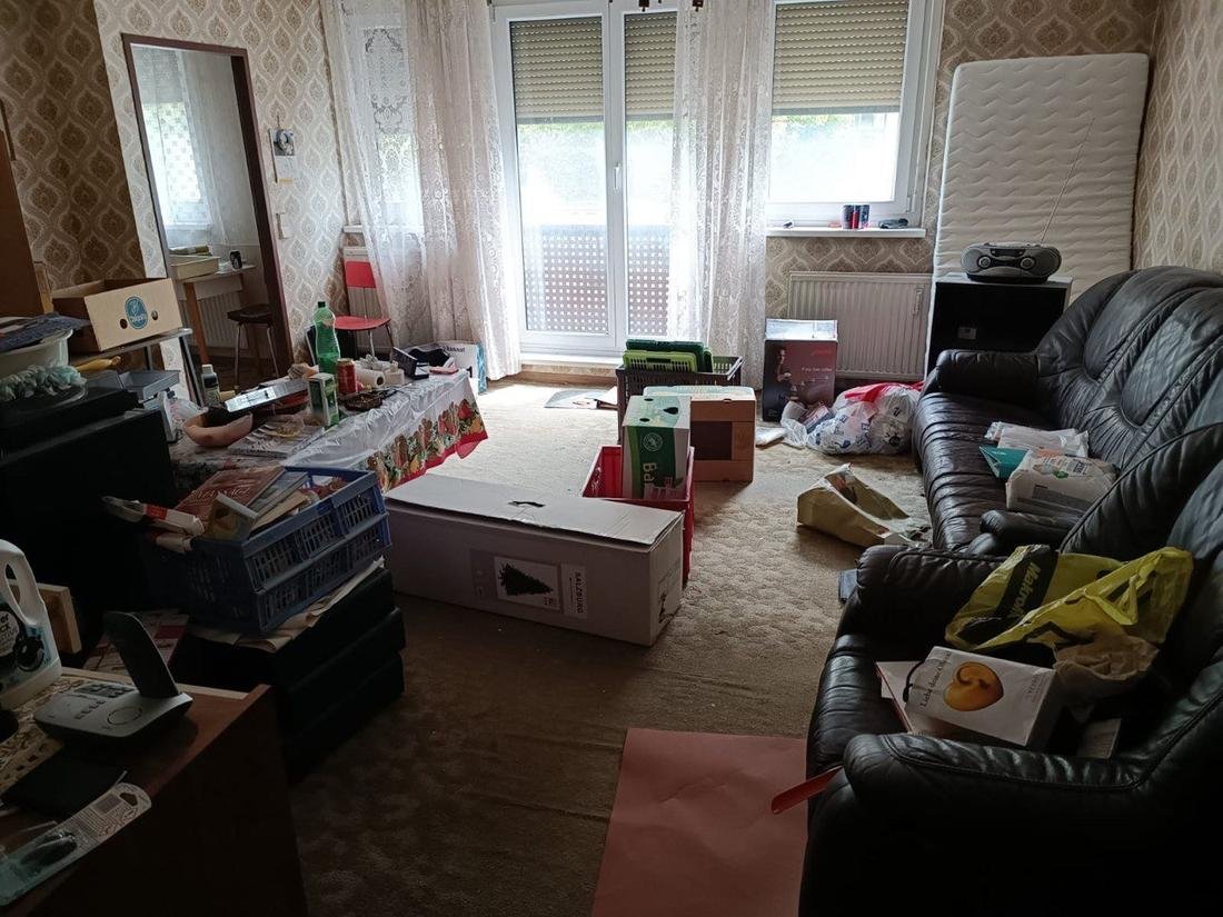 Verlassenschaft Entrümpelung Wien 1020 Leopoldstadt – vollgestelltes Wohnzimmer mit Ledercouch vor der Räumung